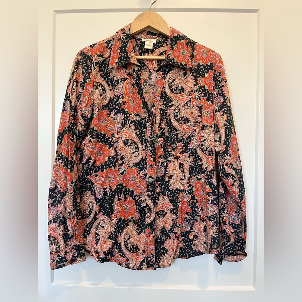 Sundance Button Up Shirt Paisley Floral Multicolor Cotton Boho Women shirt Sz 16